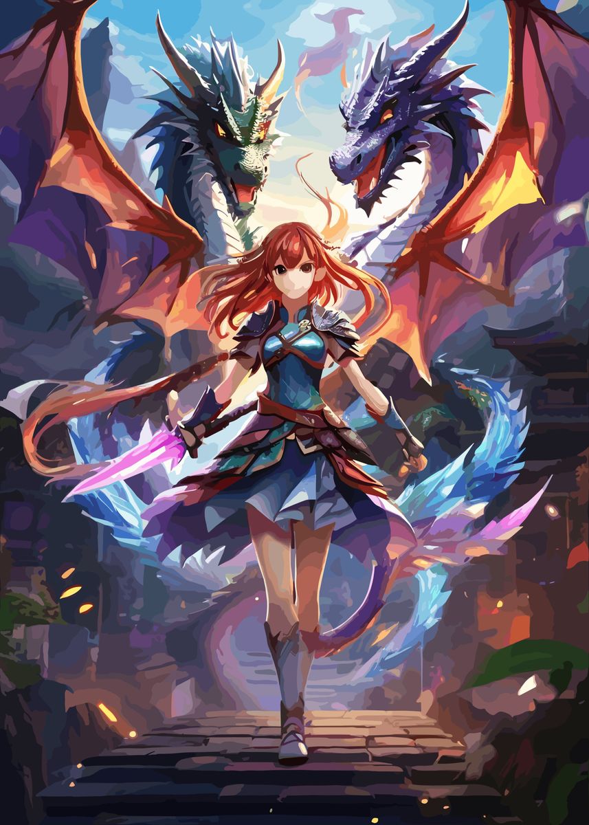 'Anime girl with dragons' Poster, picture,