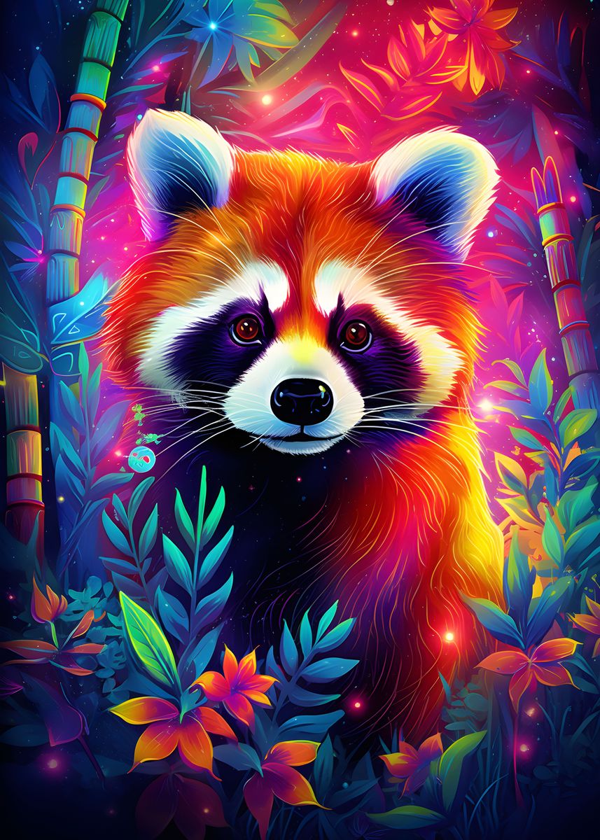 'Red Panda Vibrant Neon' Poster, picture, metal print, paint by Makadur ...