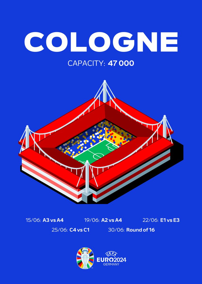 'Cologne Stadium' Poster, picture, metal print, paint by UEFA Euro2024