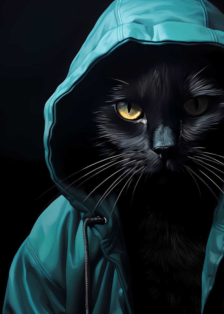 Black cat in hoodie Poster picture metal print paint by CiniArt Displate