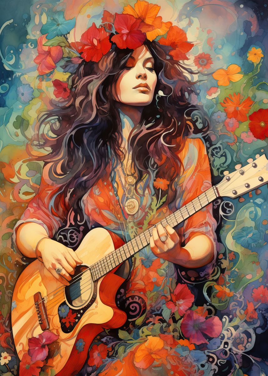 'Hippie girl playing guitar' Poster, picture, metal print, paint by ...