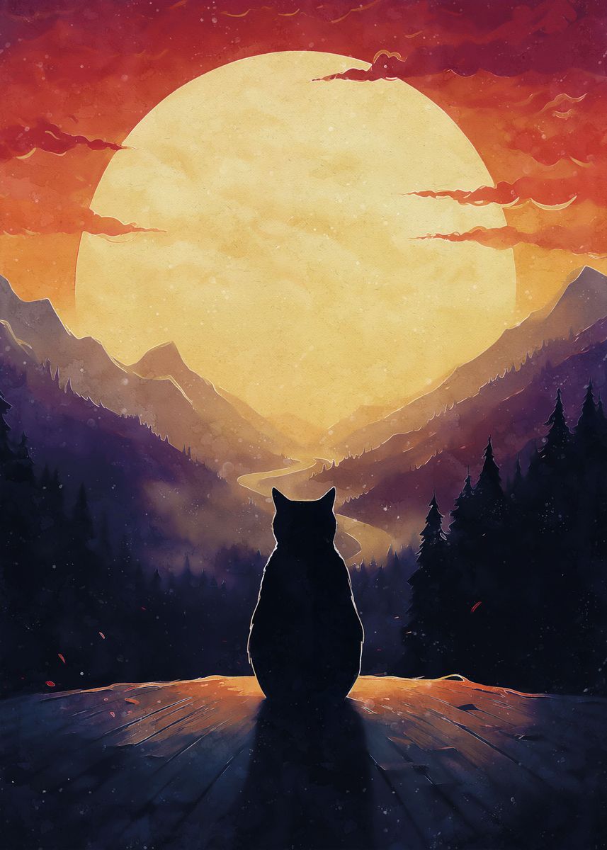 'Sunset cat' Poster, picture, metal print, paint by Alexandra A | Displate