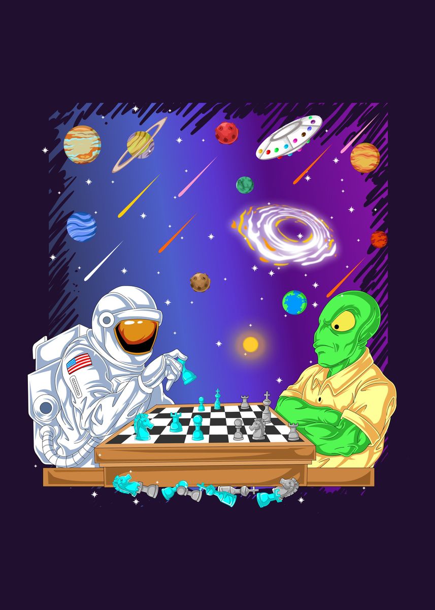 'alien and astronaut chess' Poster, picture, metal print, paint by ...
