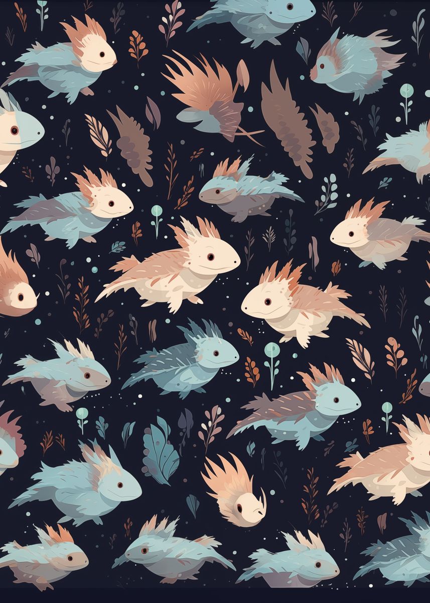 'Cute fat axolotl pattern' Poster, picture, metal print, paint by ...