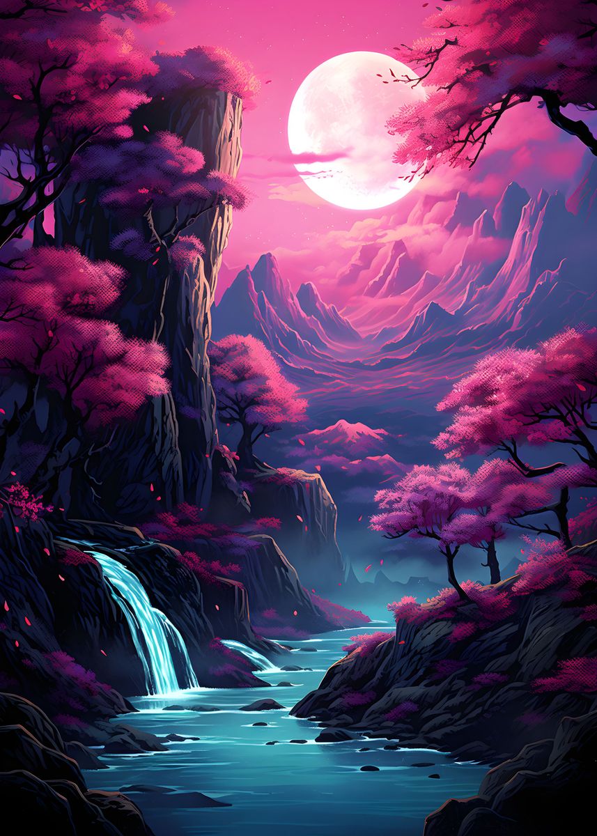 'Cherry blossom moonlight' Poster, picture, metal print, paint by(03)