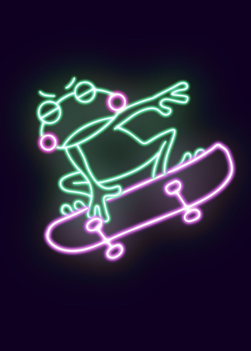 'Neon Frog Skateboard ' Poster, picture, metal print, paint by Friendy