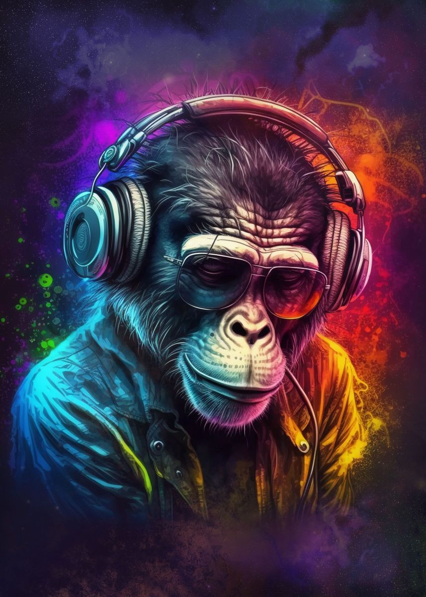 'Dj Monkey with Headphones' Poster, picture, metal print, paint by Uber ...