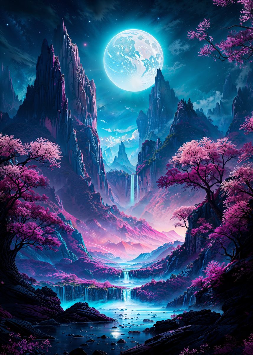 'Neon Full Moon Valley ' Poster, picture, metal print, paint by ...