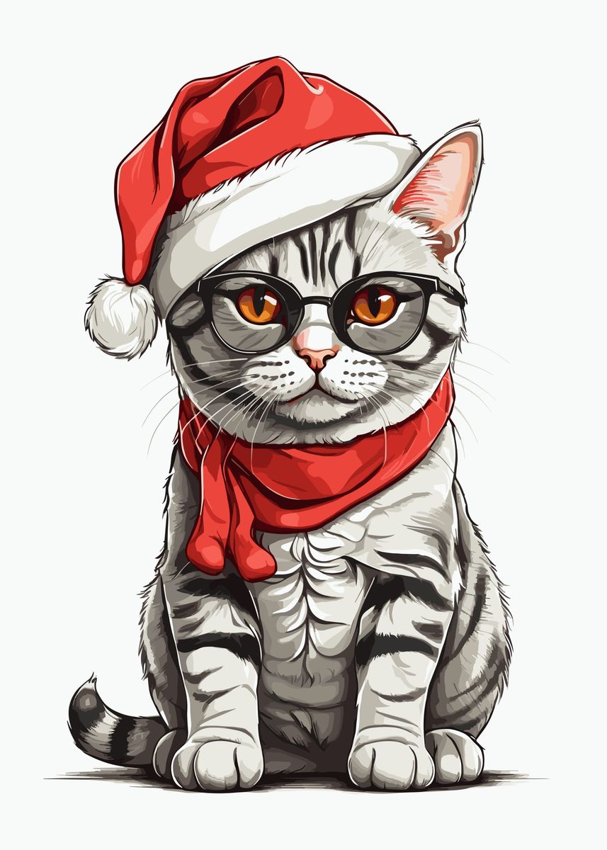 'Christmas Cat' Poster, picture, metal print, paint by Vicky Hanggara ...