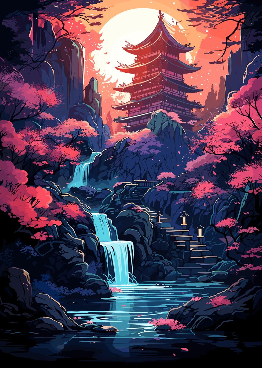 'Japanese Temple Waterfall' Poster, picture, metal print, paint by ...