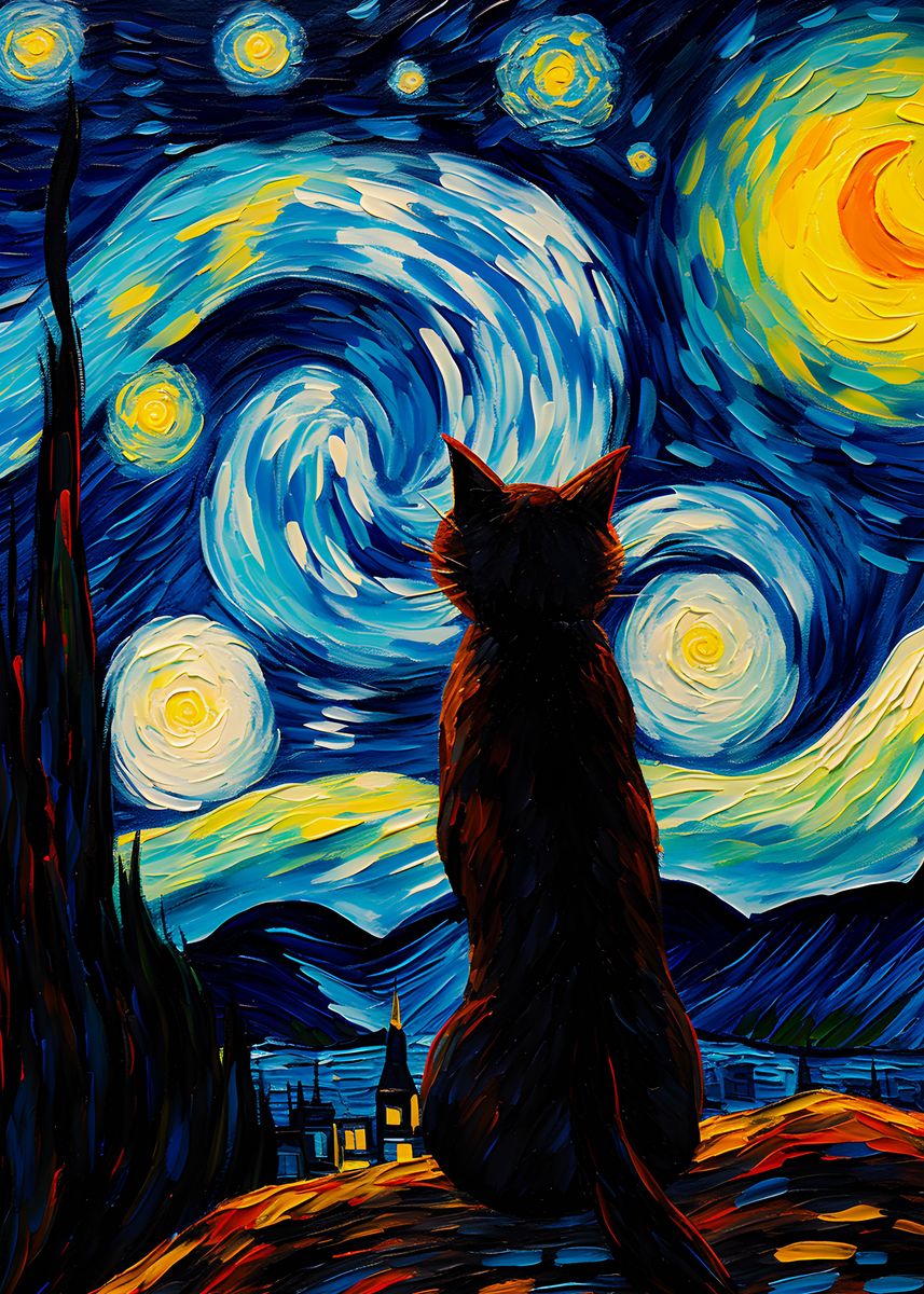 'The Starry Night Cat' Poster, picture, metal print, paint by Danan ...