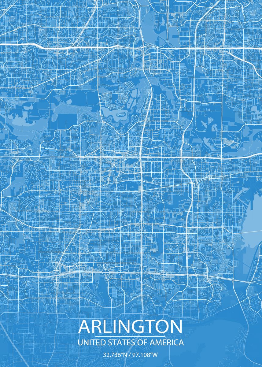'Arlington Texas Blue Map' Poster, picture, metal print, paint by Wall ...