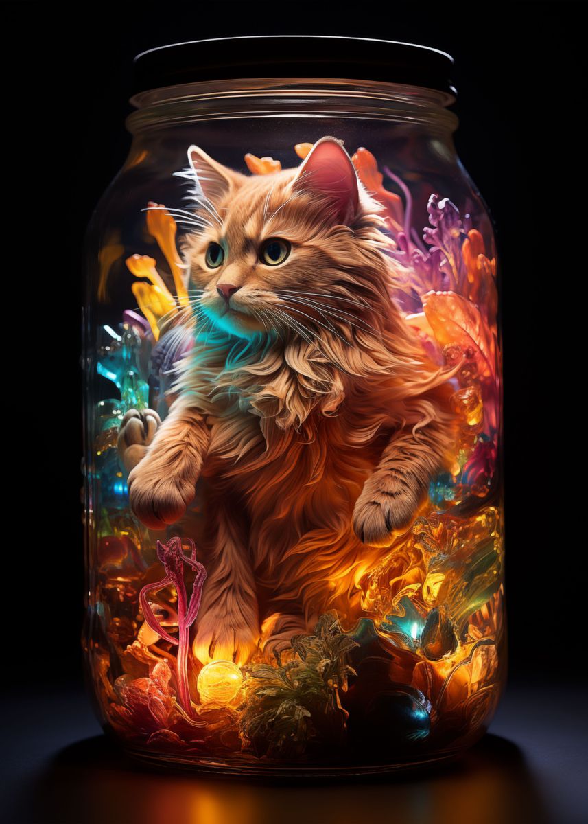 cat in a jar 'cute cat in bottle' Poster, picture, metal print, paint by Anima Art |  Displate
