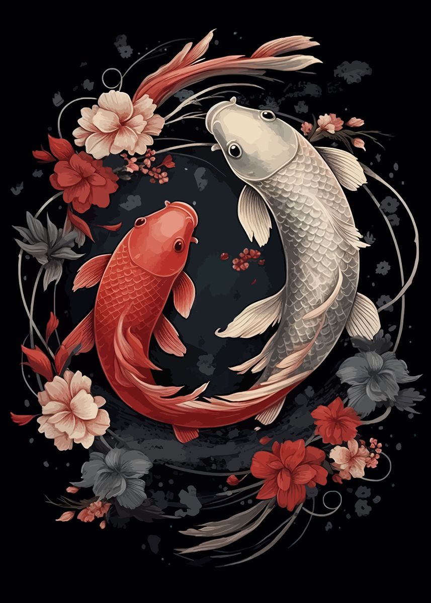 'Japanese yin yang koi fish' Poster, picture, metal print, paint by ...