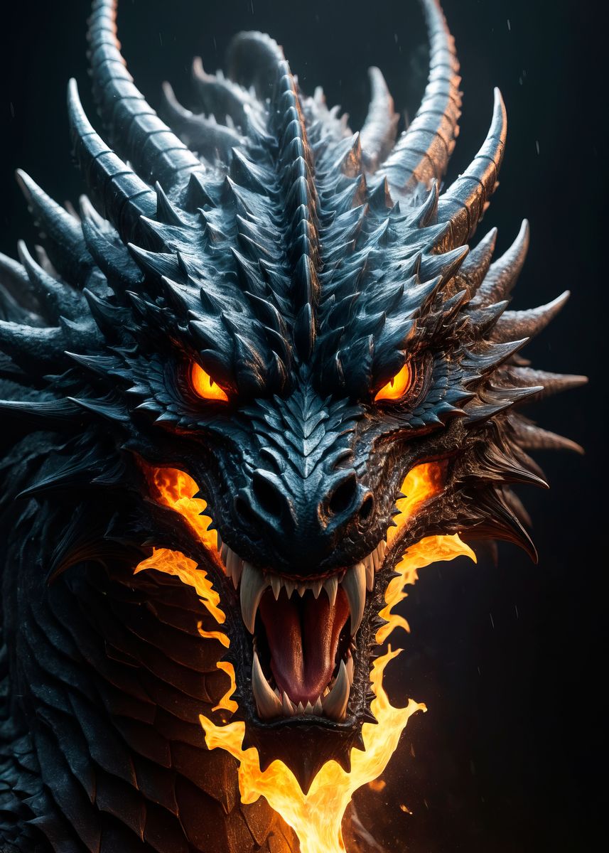 'fire angry black dragon ' Poster, picture, metal print, paint by mk ...