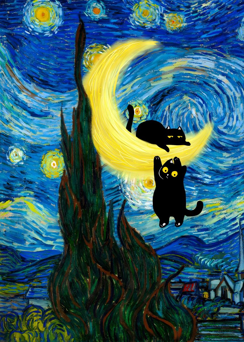 black-cats-starry-night-poster-picture-metal-print-paint-by
