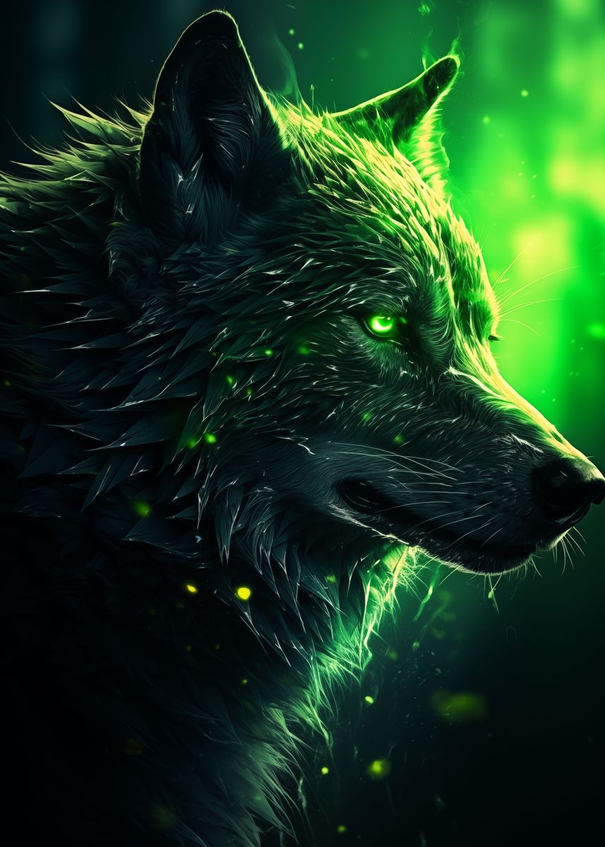 'black wolf green eyes' Poster, picture, metal print, paint by Adel S