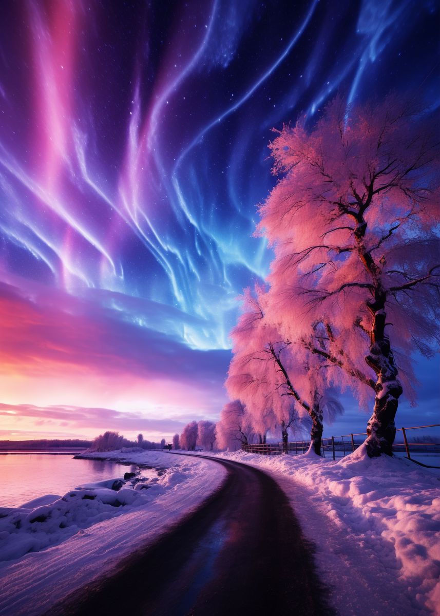 'Northern Lights and Trees' Poster, picture, metal print, paint by