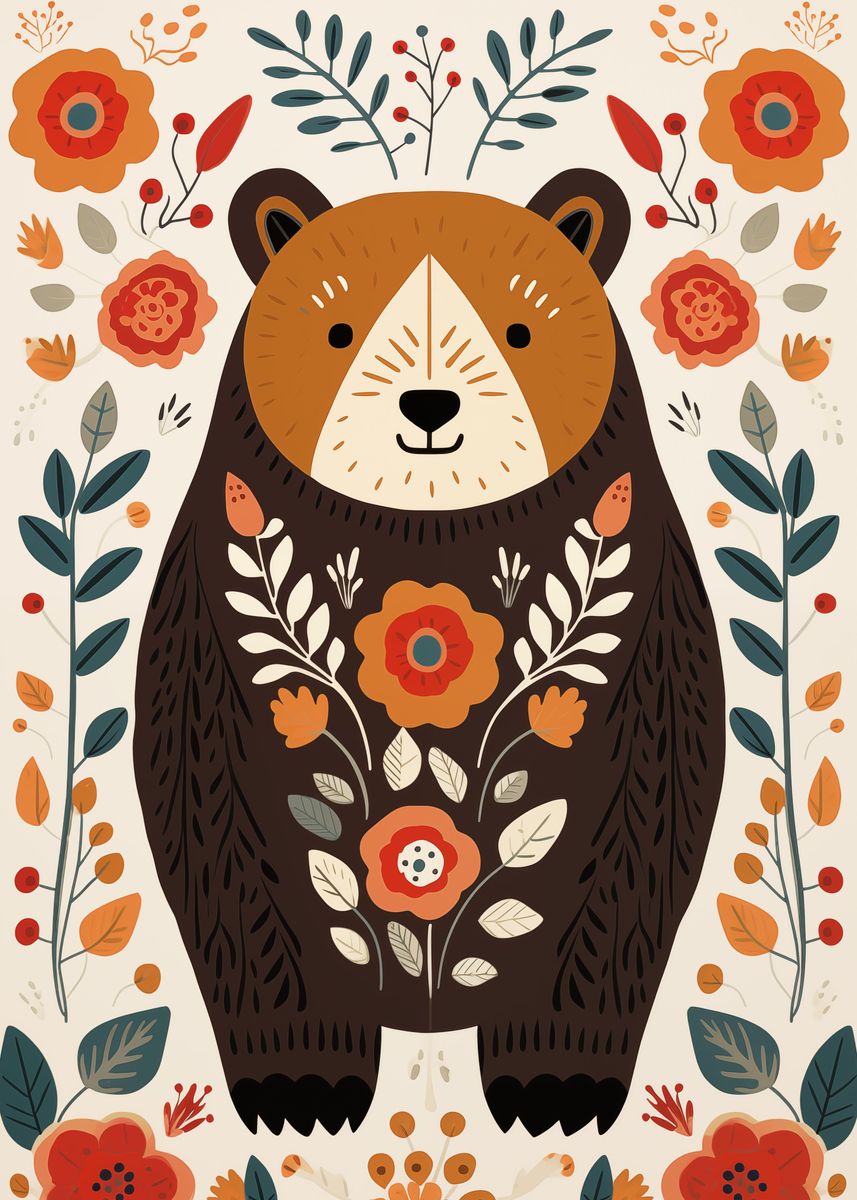 'Scandinavian Folk Art Bear' Poster, picture, metal print, paint by ...