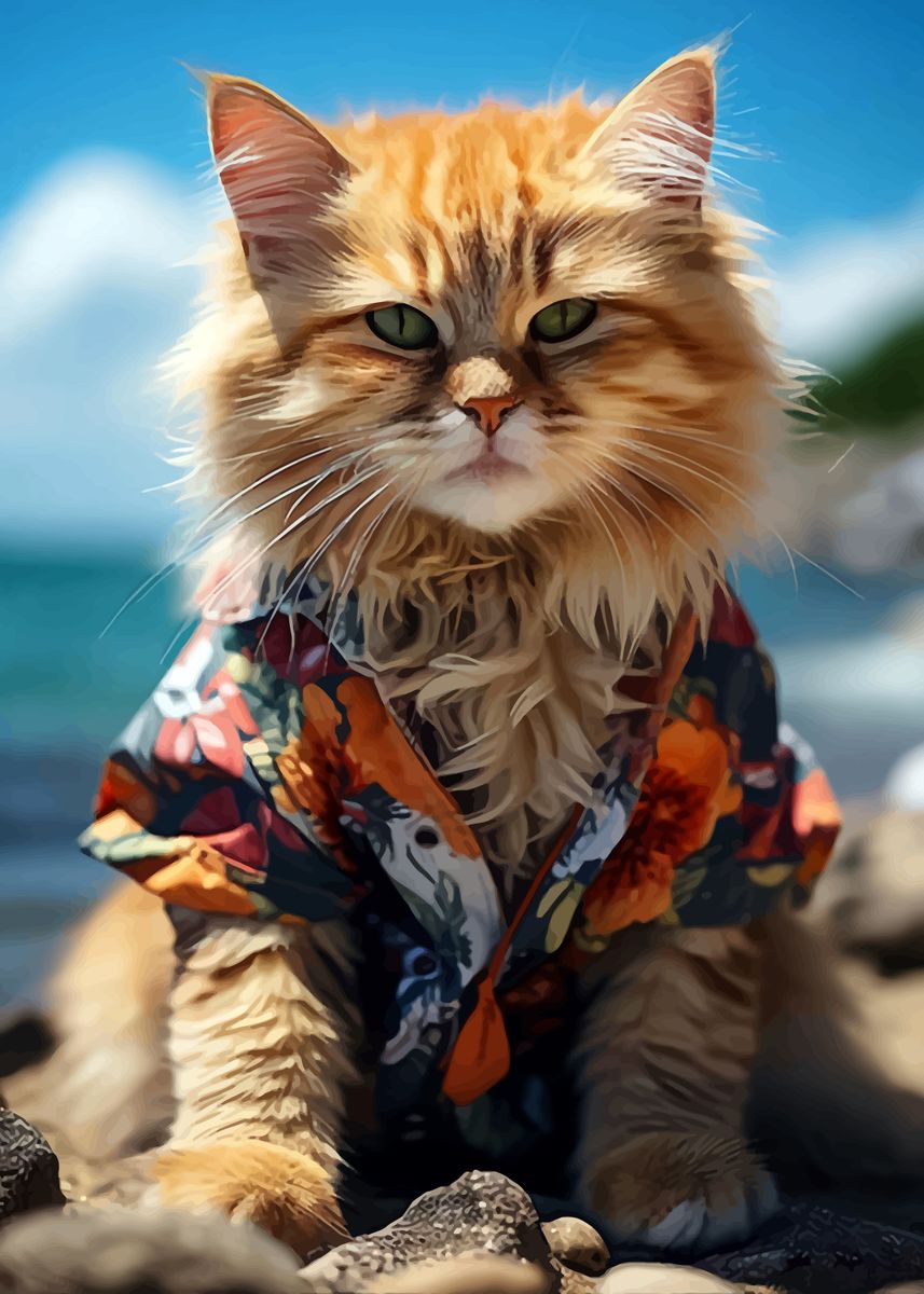 Beach Color Cat 'Cat in the beach' Poster, picture, metal print, paint by Futuner For ...