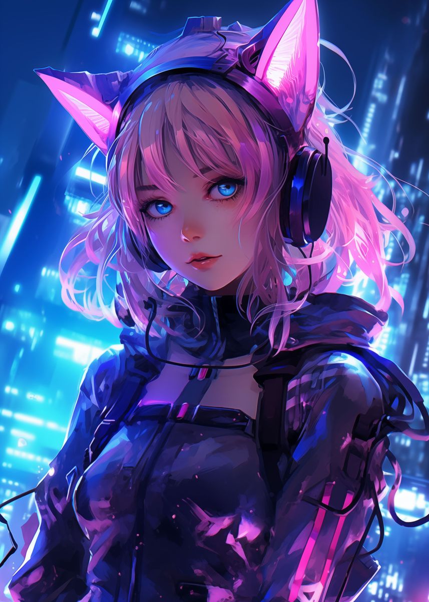 'Cyberpunk Anime Cat Girl' Poster, picture, metal print, paint by ...