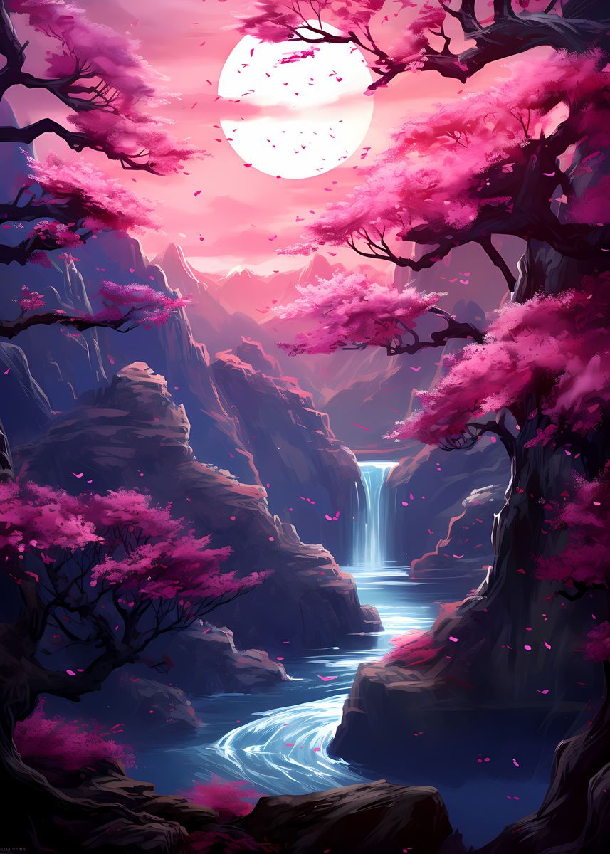 'Cherry Blossom Moonlight' Poster, picture, metal print, paint by