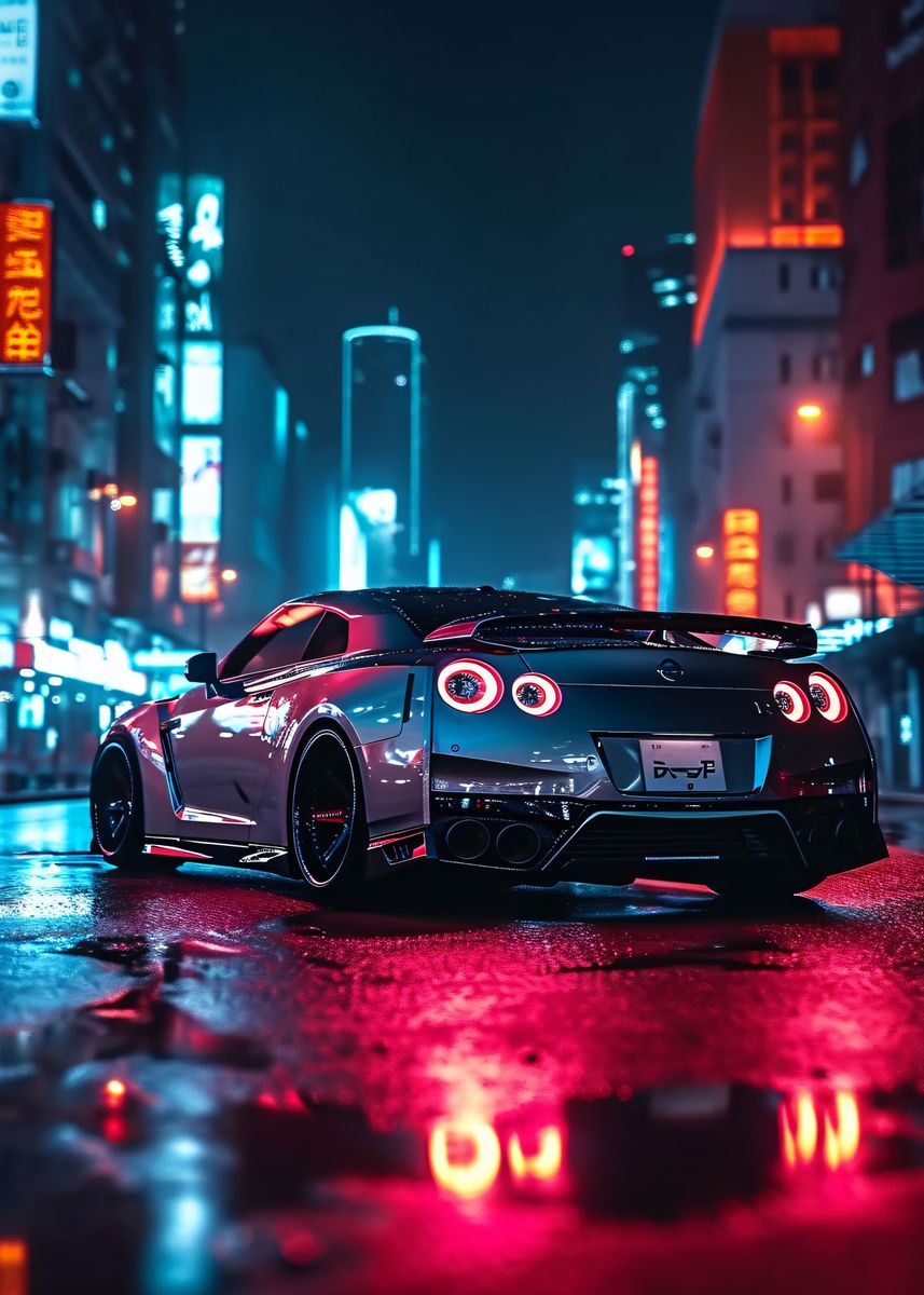 'Nissan GTR R35 Neon City' Poster, picture, metal print, paint by ...