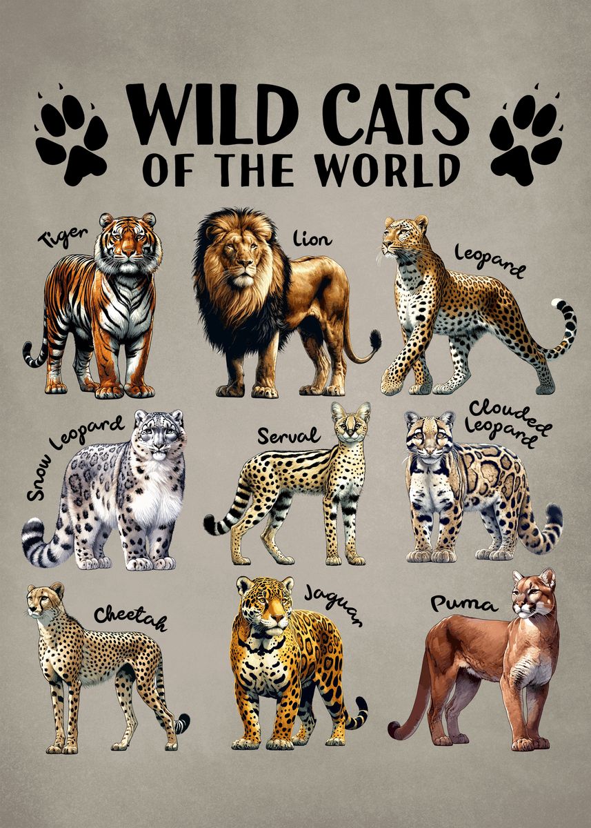 'Wild Cats of the World' Poster, picture, metal print, paint by ...