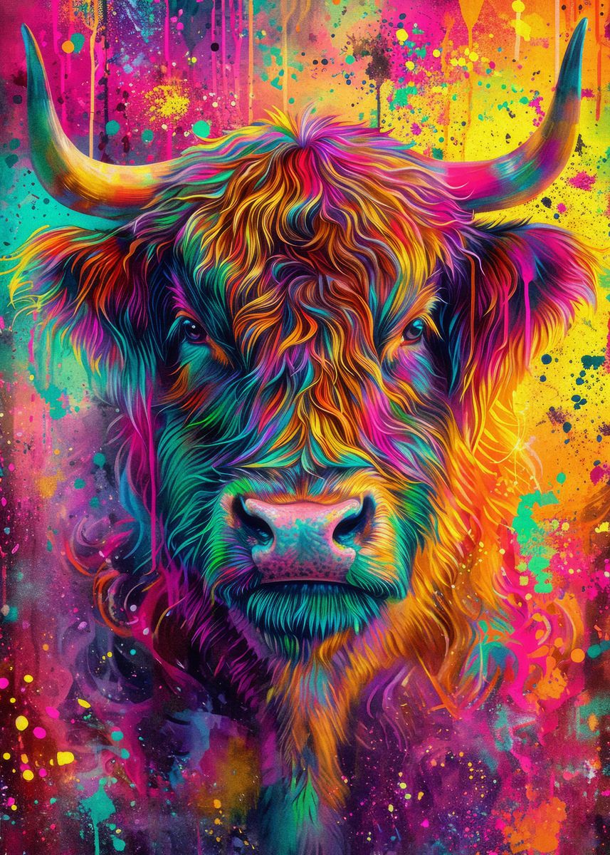 'Highland Cow Colorful Art' Poster, picture, metal print, paint by ...