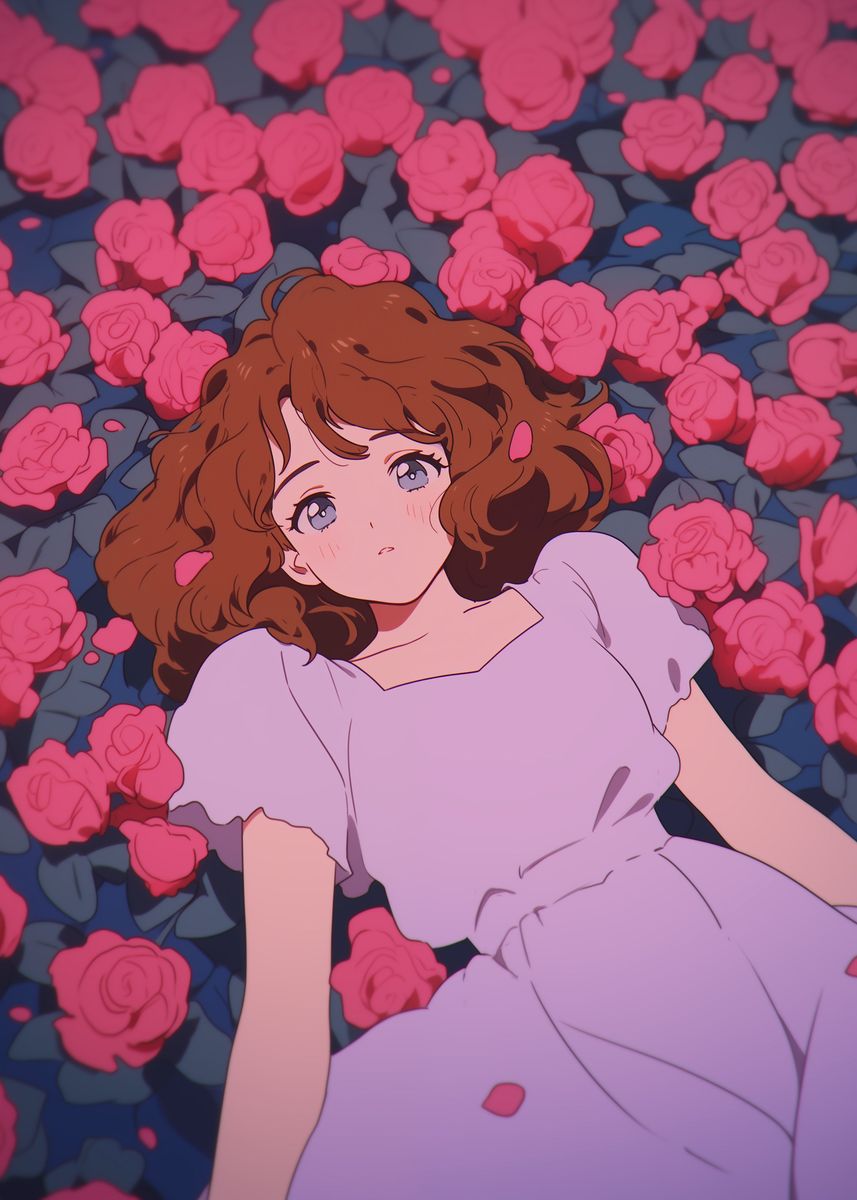 Old Anime Spring Roses 'Retro Anime Girl on Roses' Poster, picture, metal print, paint by ...