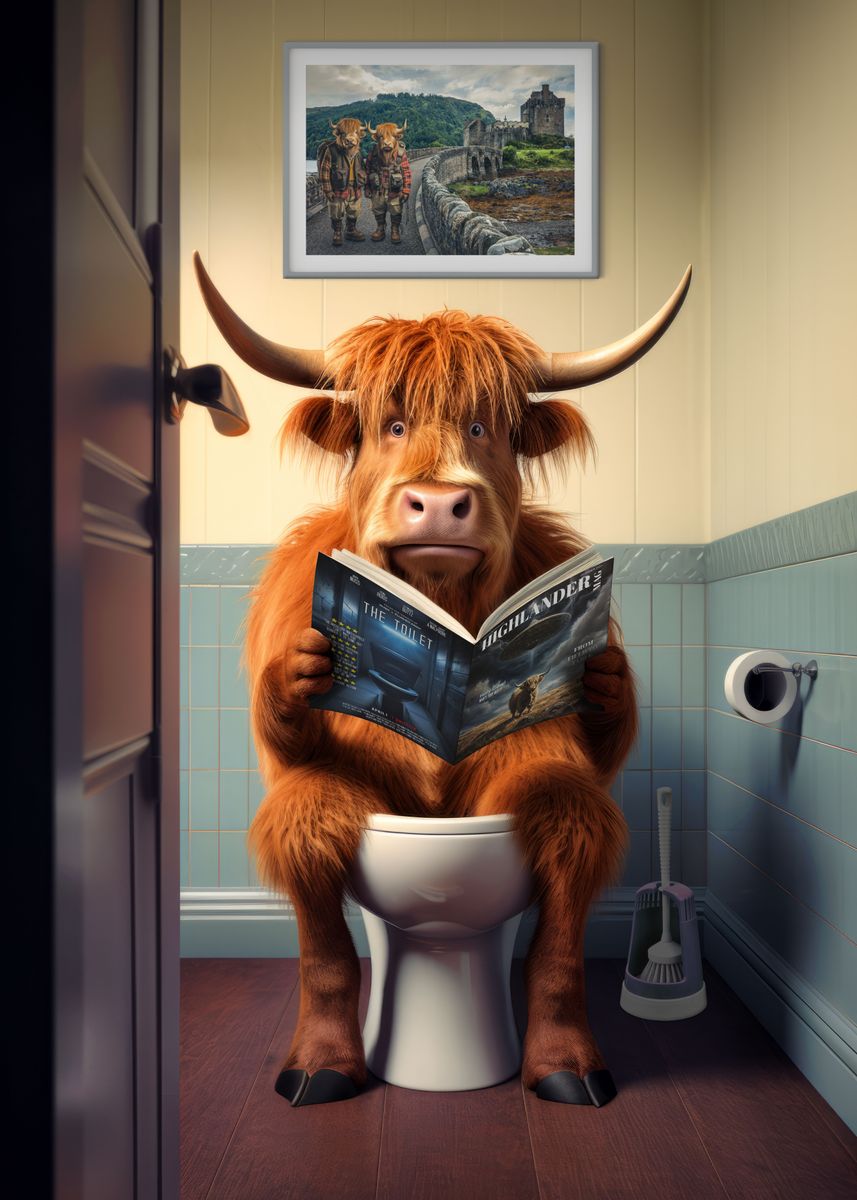 'Highland Cow on the Toilet' Poster, picture, metal print, paint by ...
