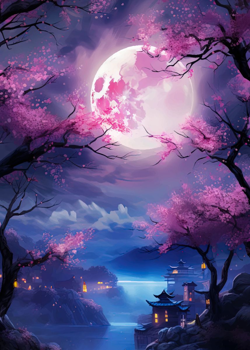 'cherry blossom and moon' Poster, picture, metal print, paint by Chloe ...