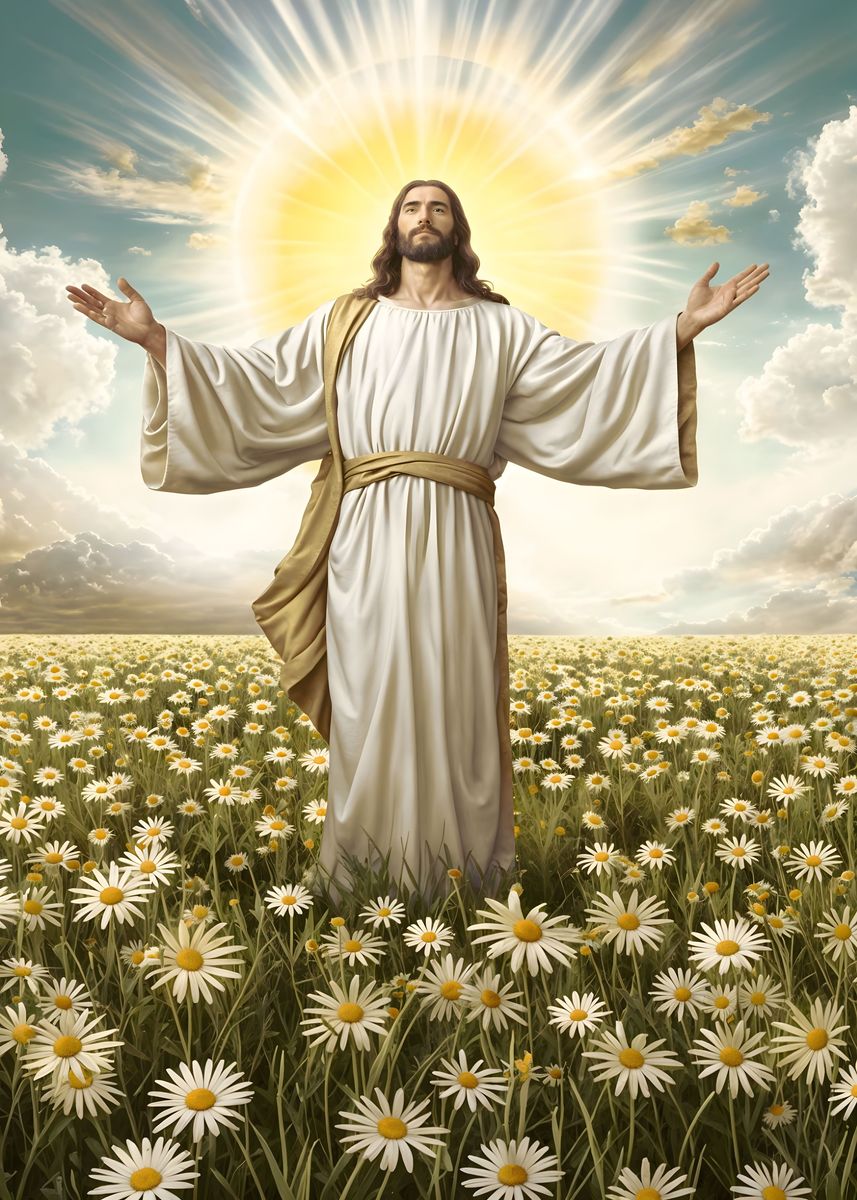 'Jesus in field of daisies' Poster, picture, metal print, paint by ...