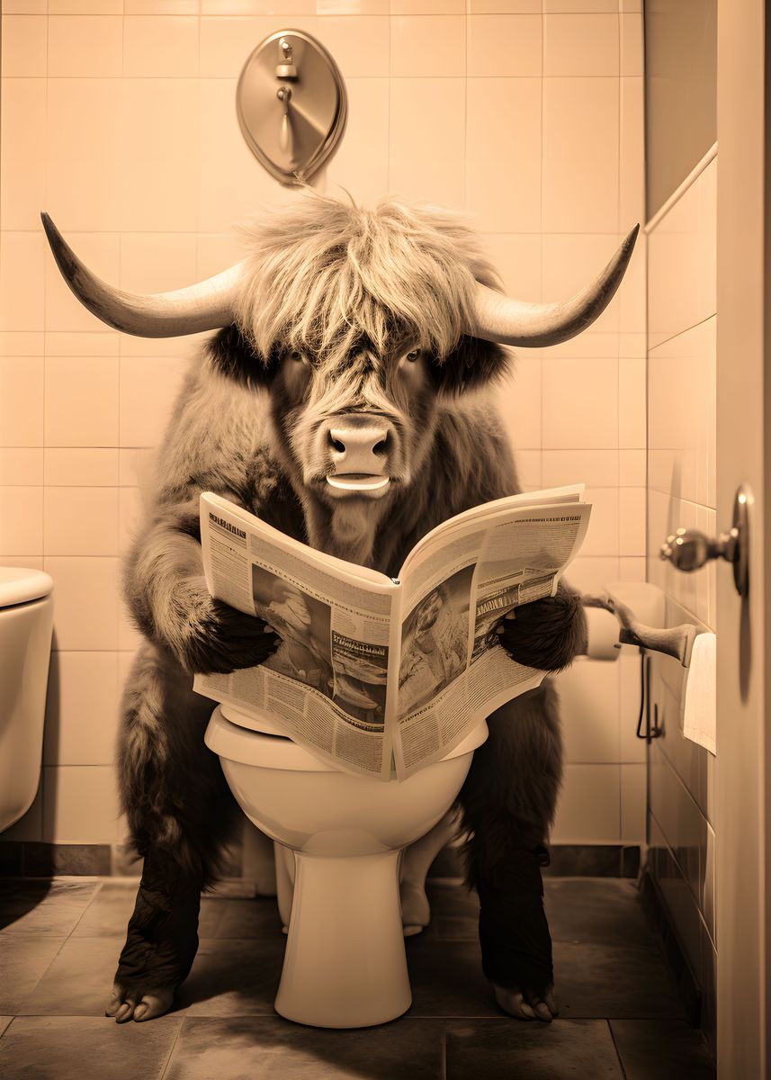 'Highland Cow on the Toilet' Poster, picture, metal print, paint by ...