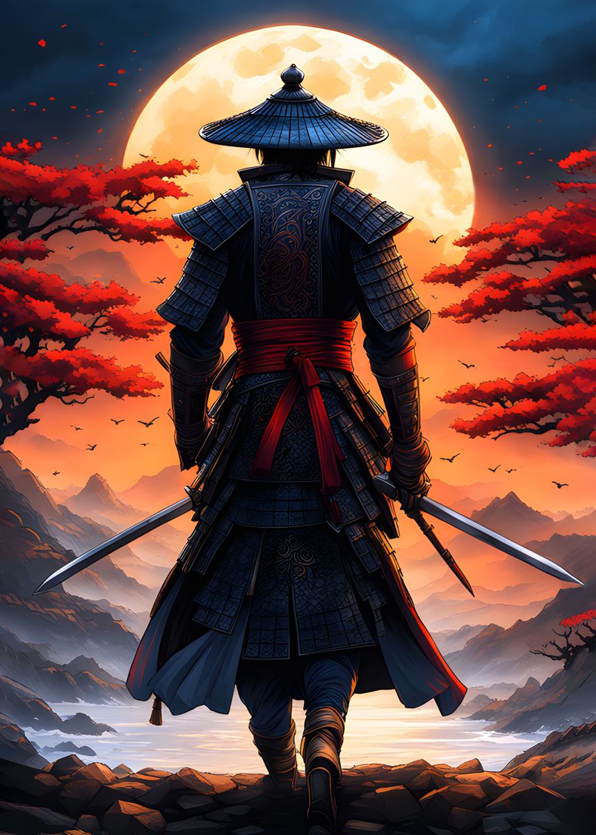 'Moonlight Samurai' Poster, Picture, Metal Print, Paint By