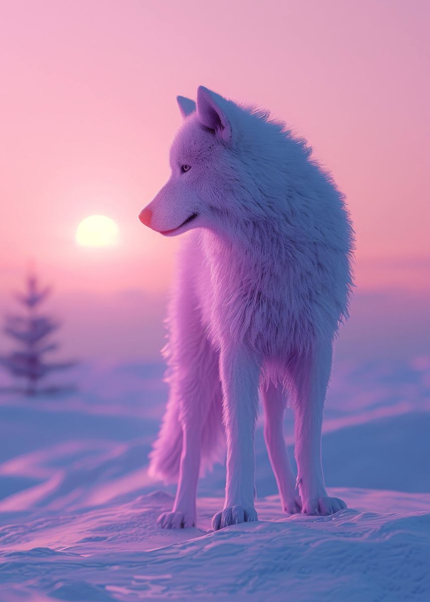 'Snow Wolf Aesthetic Sunset' Poster, picture, metal print, paint by Adam Reed Displate