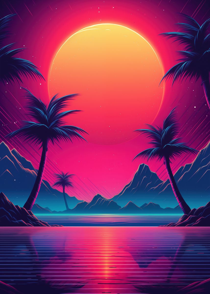 'Intense Synthwave Horizon' Poster, picture, metal print, paint by ...