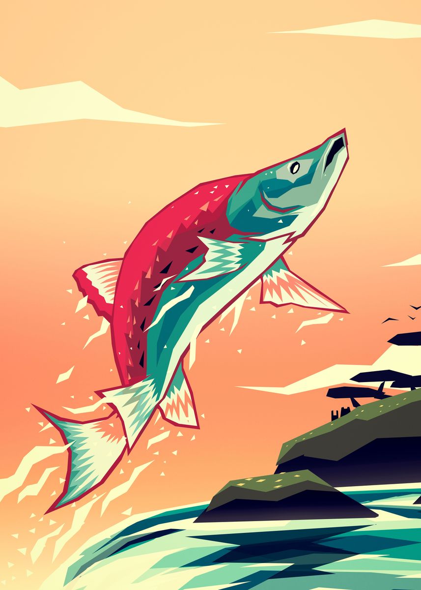 'Salmon leaping home' Poster, picture, metal print, paint by Yetiland ...