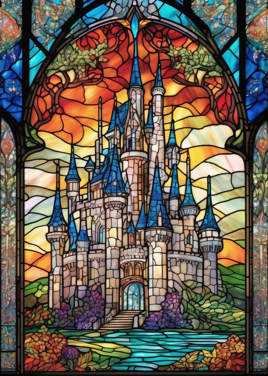 'Stained Glass Castles' Poster, picture, metal print, paint by FrolicswithDogs | Displate