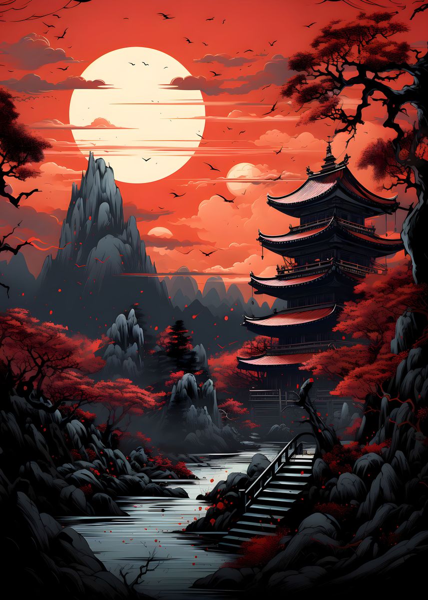 'Red Moon Japan Art' Poster, picture, metal print, paint by ELYussArt ...