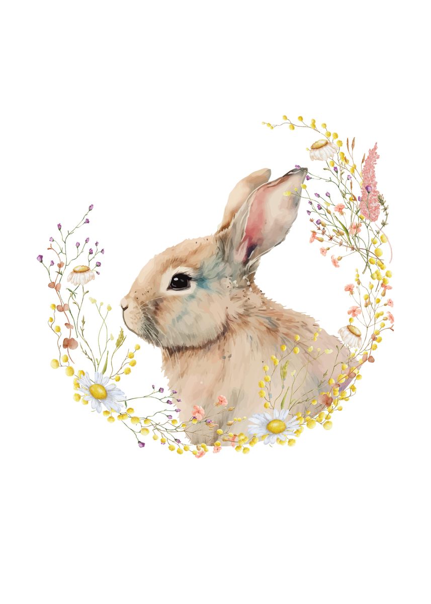 'Bunny Spring Flowers' Poster, picture, metal print, paint by Mooon ...