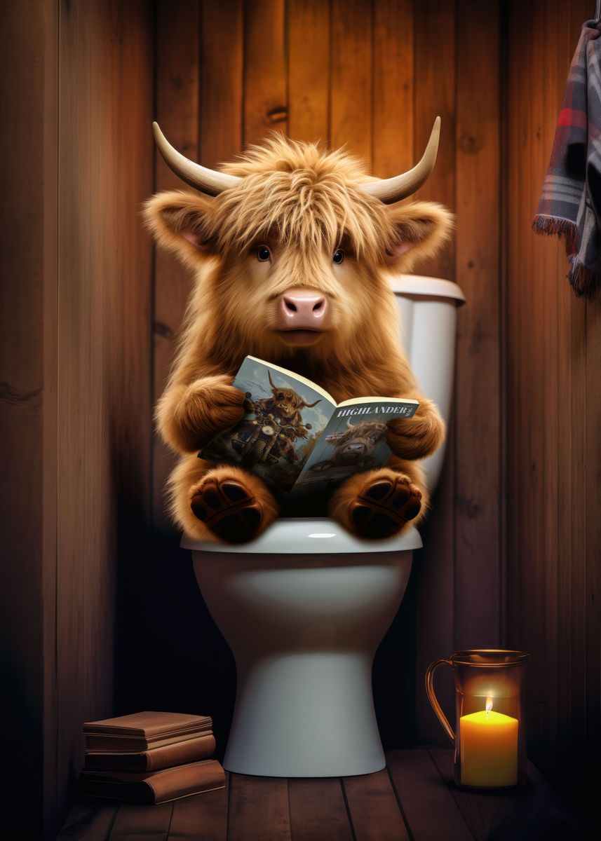 'Baby Highland Cow Toilet' Poster, picture, metal print, paint by Craig ...