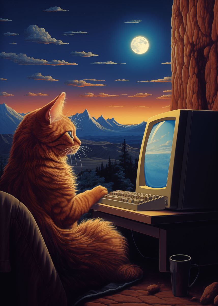 'Computer Cat' Poster, picture, metal print, paint by Mana Mart | Displate