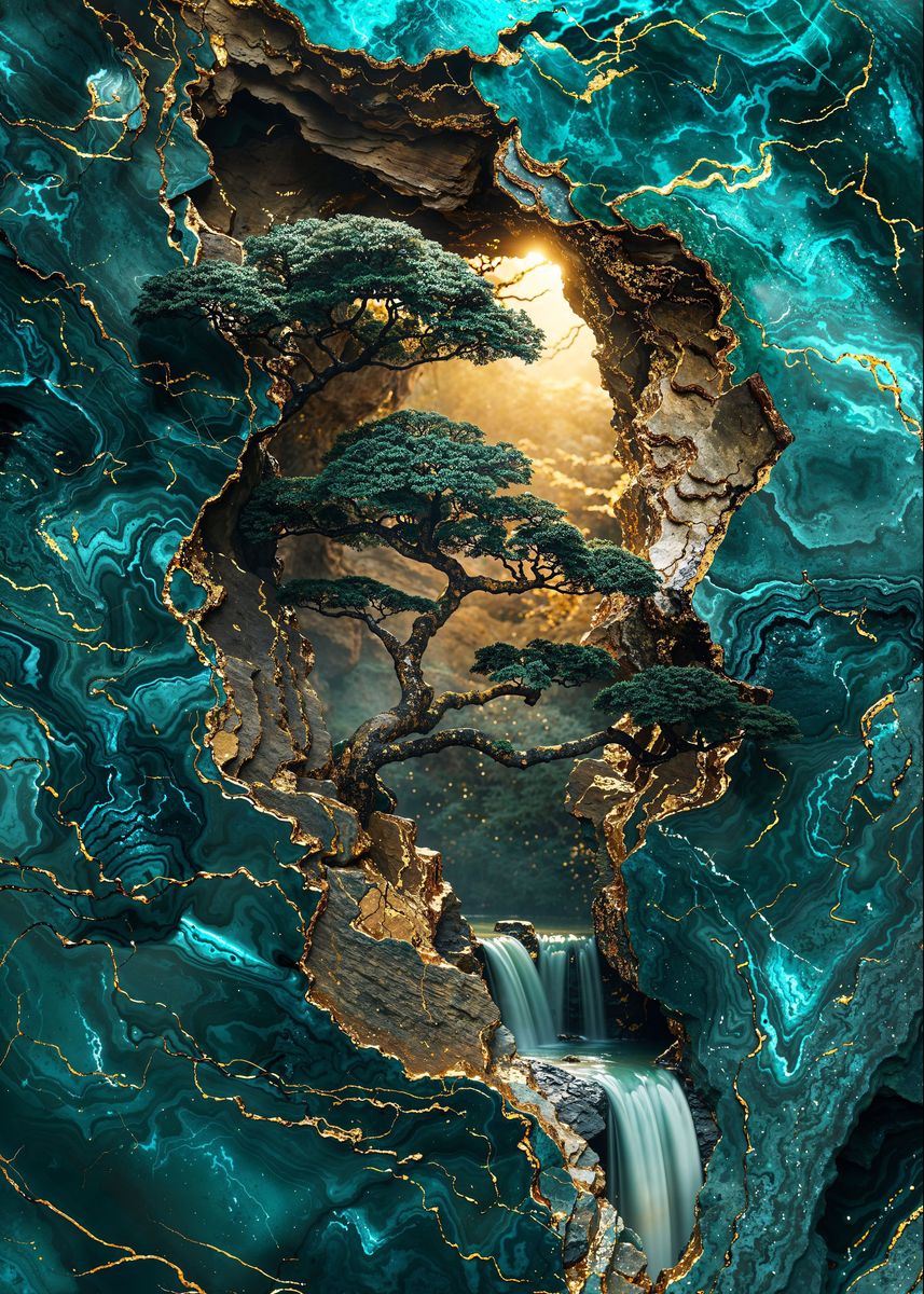 'Golden Bonsai Falls Art' Poster, picture, metal print, paint by