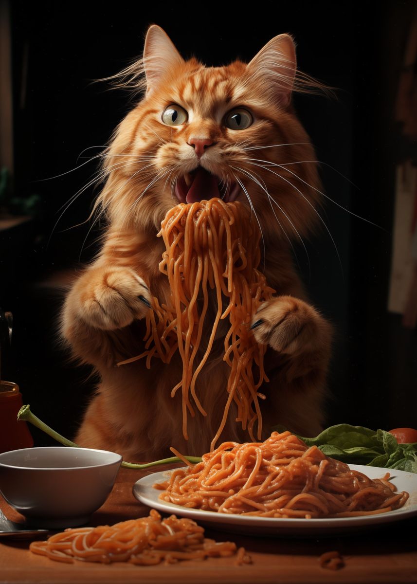 'Cat Eating Spaghetti' Poster, picture, metal print, paint by Danan ...