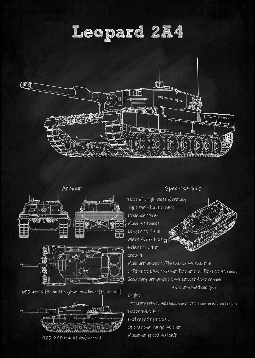 'Leopard 2A4 Tank blueprint' Poster, picture, metal print, paint by ...