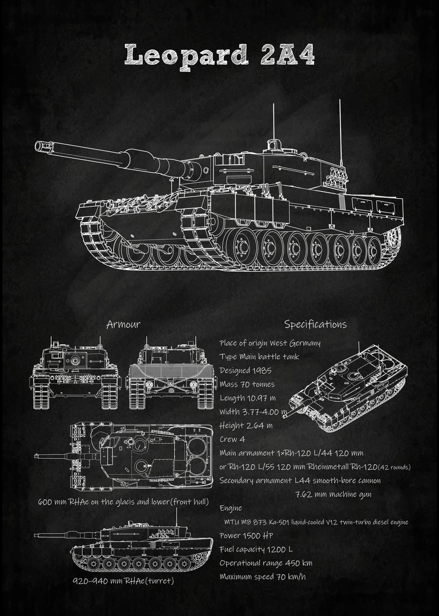 Leopard 2A4 Tank Blueprint Poster Picture Metal Print Paint By 