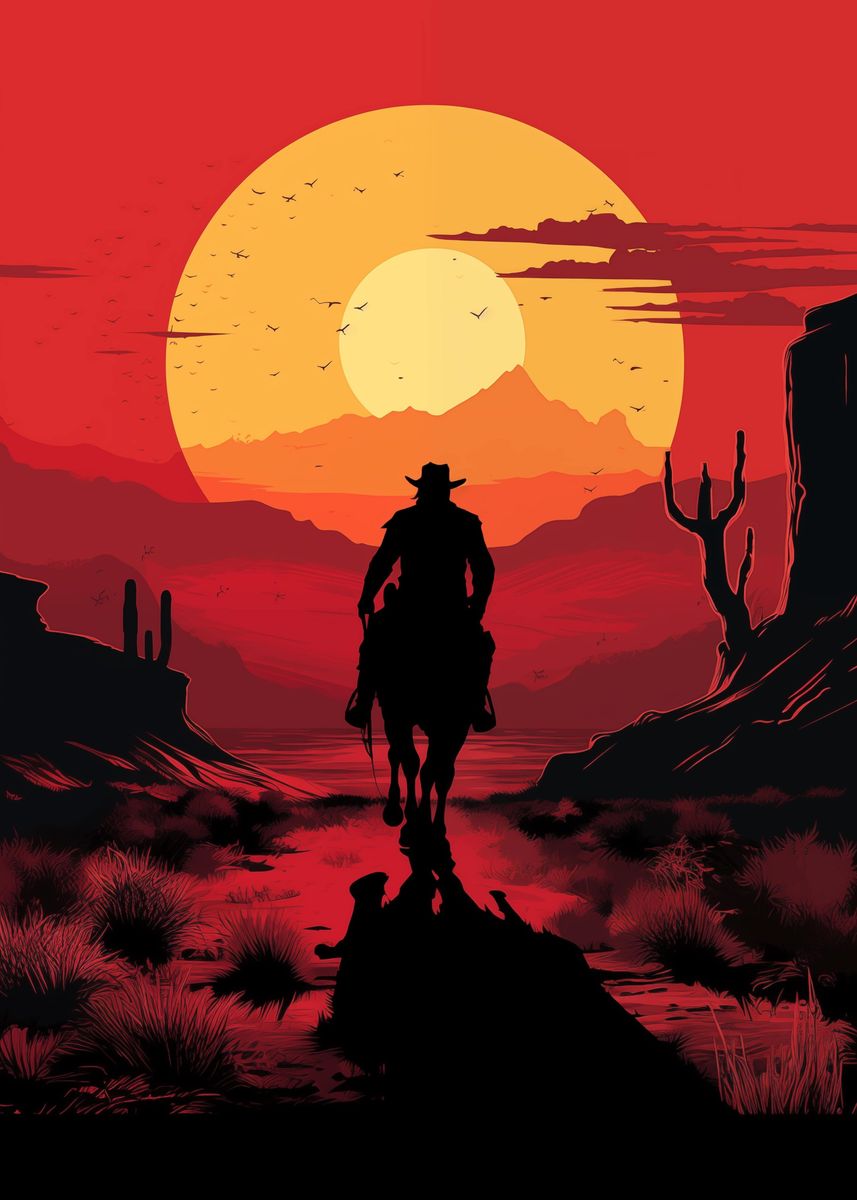 'Sunset Cowboy in the wild' Poster, picture, metal print, paint by ...