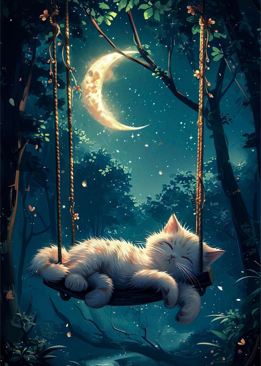 'cat moon night' Poster, picture, metal print, paint by Patsy Montoya ...