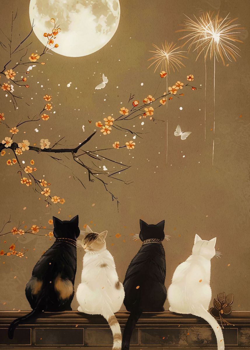 'cat moon night' Poster, picture, metal print, paint by Patsy Montoya ...